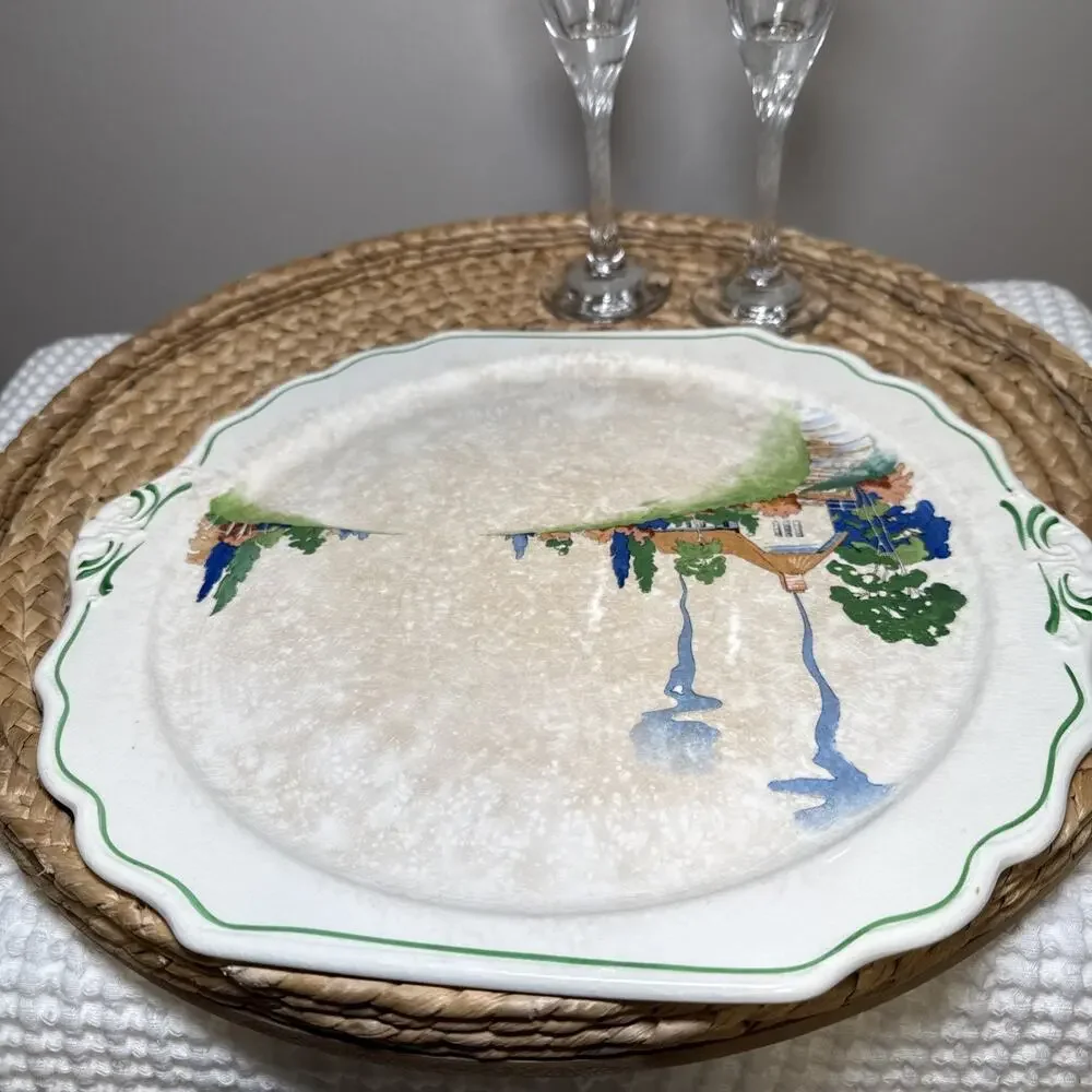 Harker Hotoven Chinawear Pottery Thatched Cottage Platter Cake Plate and Server